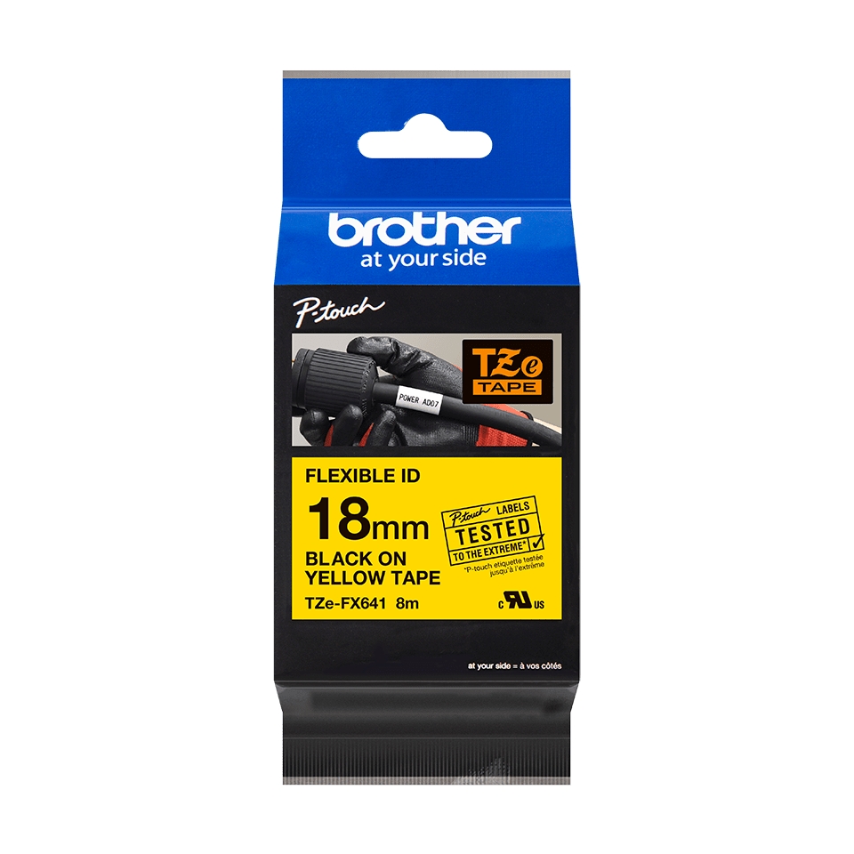 Brother TZeFX641 Original Ruban d'étiquettes plastifiées flexibles - Texte noir sur fond jaune - Largeur 18 mm x 8 mètres