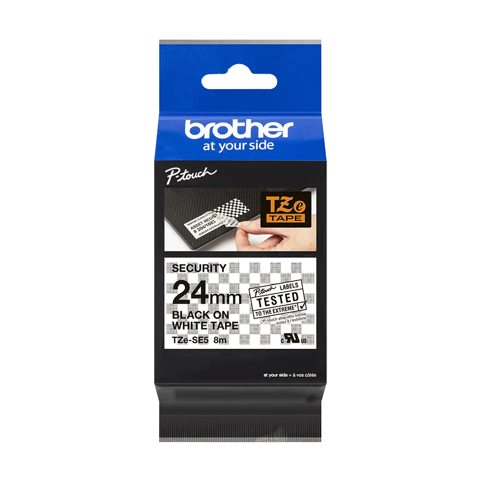 Brother TZeSE5 Original Ruban d'étiquette de sécurité laminé - Texte noir sur fond blanc - Largeur 24 mm x 8 mètres