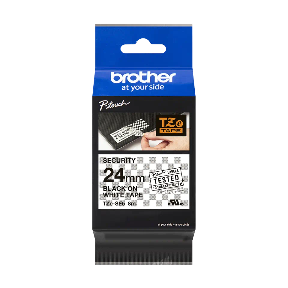 Bande d'étiquettes de sécurité pour Brother TZSE5, ruban de sécurité 5PK  24mm, noir sur blanc