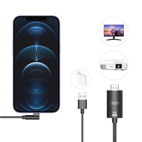 Câble adaptateur XO Lightning vers HDMI - Longueur 1,8 m - Prise en charge de la résolution 2K (60 Hz)/1080P - Échange de données et audio - Alimentation USB - Couleur noire