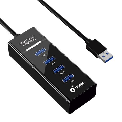 Câble Cromad USB 2.0 - Longueur 30 cm - Indicateur LED - Vitesse de transfert 480 Mbps - 4 Ports - Aucune installation - Compatible tous systèmes d'exploitation - Couleur Noir