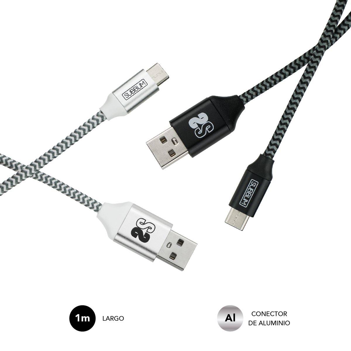 Câble de Charge et de Données Haute Vitesse Subblim - 1m - Charge Rapide jusqu'à 5V/3.0A - Synchronisation des Données jusqu'à 5Gbps - Fibre de Nylon Résistante - Sangle Velcro Incluse - Connecteurs en Aluminium - Couleur Noir