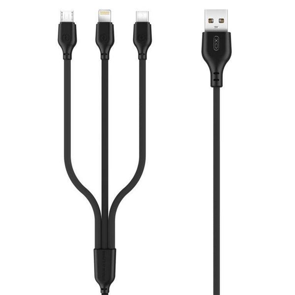 Câble de charge rapide XO 3 en 1 - Micro, Type C et Lightning vers USB - 1m - Couleur noire