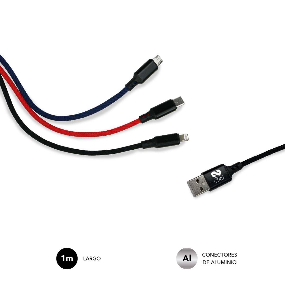 Câble de Charge Subblim 3 en 1 - Vitesse de Charge élevée - Compatible Android/Ios - Chargement simultané - Fibre de Nylon résistante - Tests de flexion 10 000 fois - Connecteurs en Aluminium - 1 m