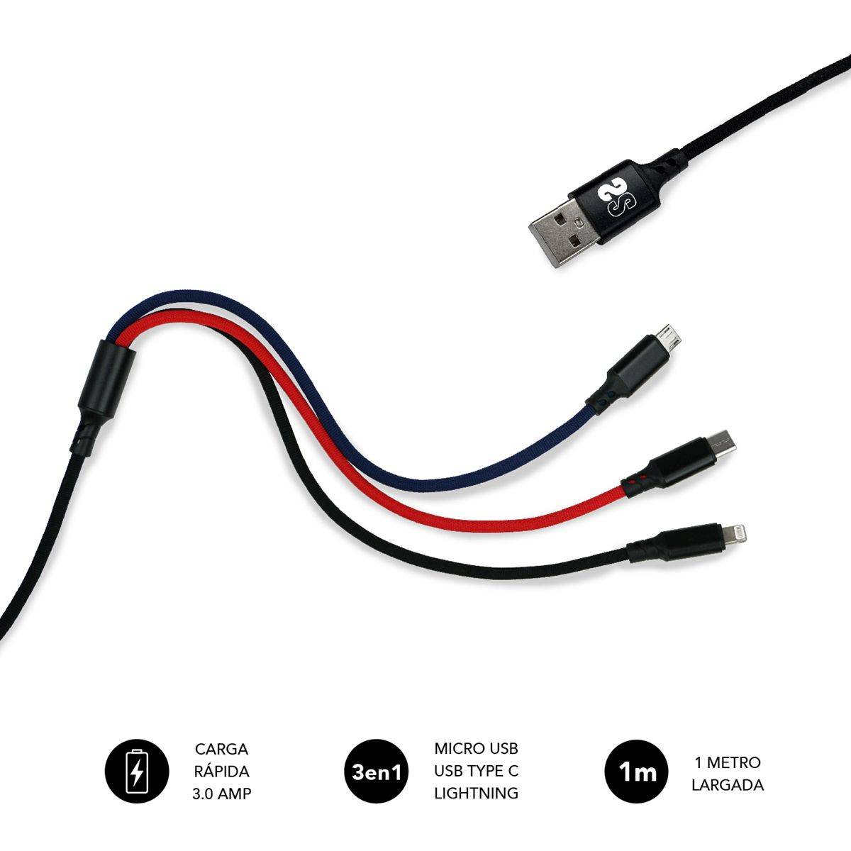Câble de Charge Subblim 3 en 1 - Vitesse de Charge élevée - Compatible Android/Ios - Chargement simultané - Fibre de Nylon résistante - Tests de flexion 10 000 fois - Connecteurs en Aluminium - 1 m