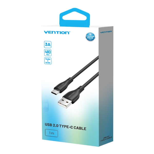 Câble de Charge Vention Interface USB-A/USB-C - Vitesse 480Mbps - Alimentation 3A - Puissance 15W - Couleur Noir