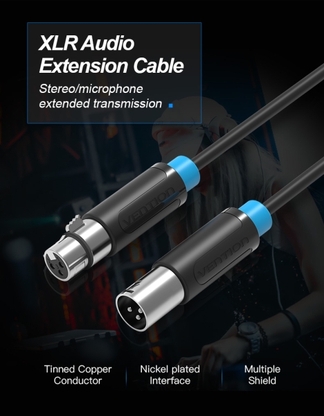Câble Microphone Vention XLR - Connecteurs Plaqués Or - Conducteur Bronze Émaillé - Couleur Noir