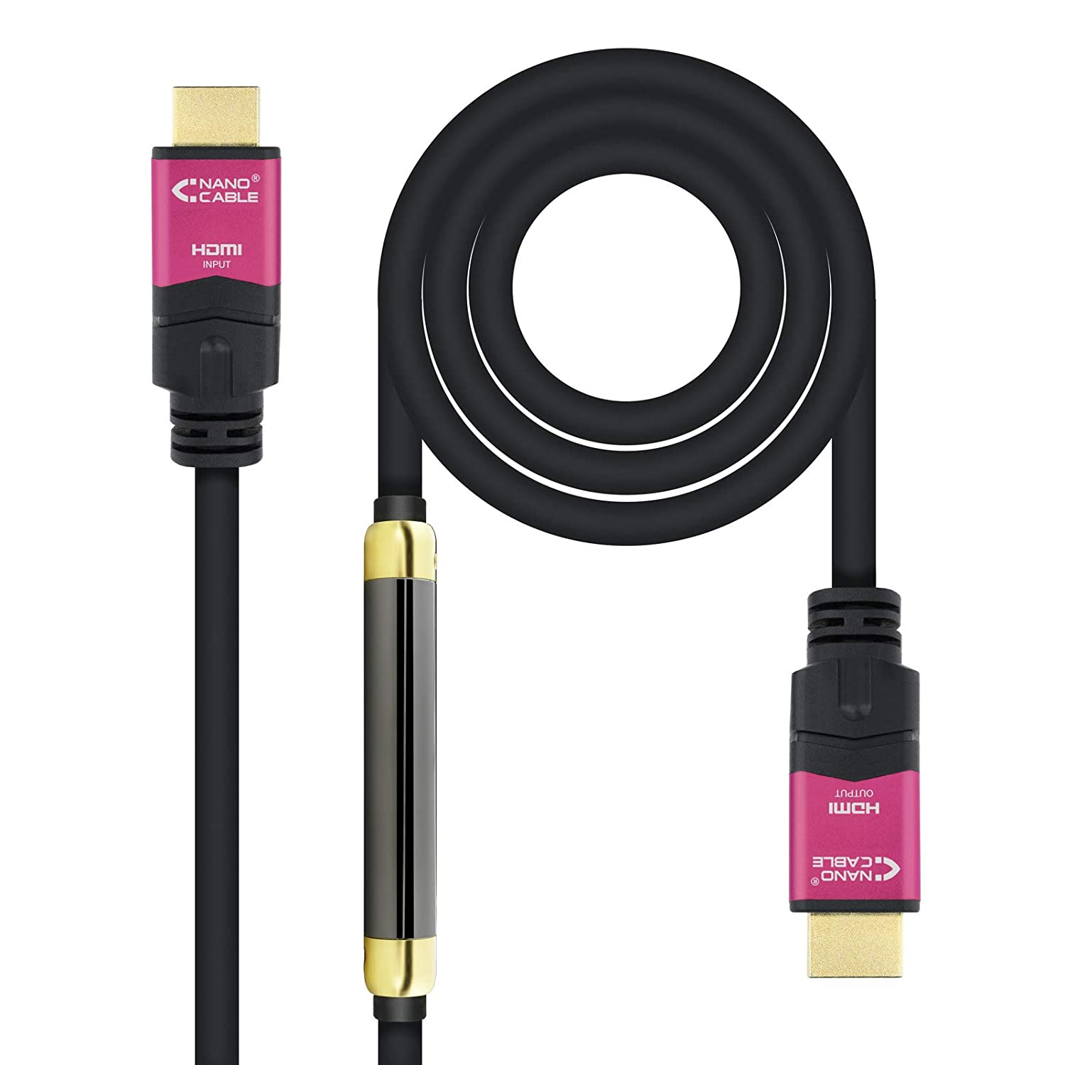 Câble Nanocable HDMI v2.0 Mâle avec Répéteur vers HDMI v2.0 Mâle 15m - 4K@60Hz 18Gbps - Haute Vitesse - Couleur Noir/Rose
