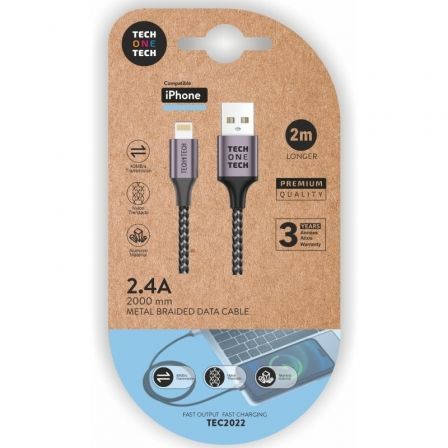 Câble TechOneTech USB-A mâle vers Lightning mâle 2 m - Revêtement en nylon tressé