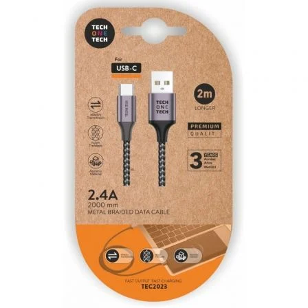 Câble TechOneTech USB-A mâle vers USB-C mâle 2 m - Revêtement en nylon tressé