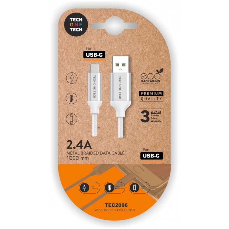 Câble TechOneTech USB-A Mâle vers USB-C Mâle - Nylon Tressé Revêtu - Longueur 1m