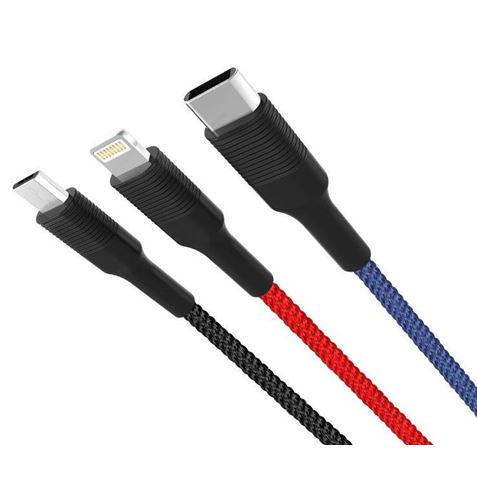 Câble XO Tressé USB-A Mâle vers USB-C, MicroUSB et Lightning - Charge Rapide 2A - Longueur 1.20m