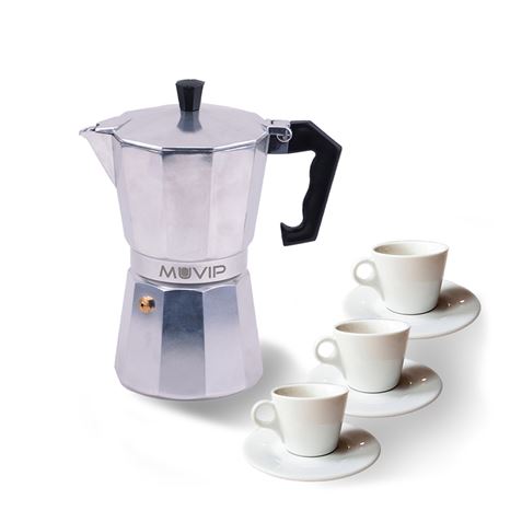 Cafetière en aluminium Muvip MV0600 - Capacité 3 tasses - Poignée ergonomique - Antiadhésive - Compatible avec cuisinières électriques, vitrocéramiques et à gaz - Couleur aluminium