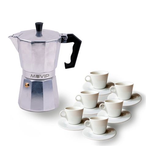 Cafetière en aluminium Muvip MV0601 - Capacité 6 tasses - Poignée ergonomique - Antiadhésive - Compatible avec cuisinières électriques, vitrocéramiques et à gaz - Couleur aluminium