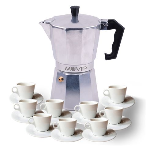 Cafetière en aluminium Muvip MV0602 - Capacité 9 tasses - Poignée ergonomique - Antiadhésive - Compatible avec cuisinières électriques, vitrocéramiques et à gaz - Couleur aluminium