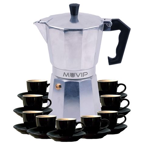 Cafetière en aluminium Muvip MV0605 - Capacité 9 tasses - Poignée ergonomique en bakélite résistante à la chaleur - Compatible avec plaques électriques, vitrocéramiques, à gaz et à induction - Couleur aluminium
