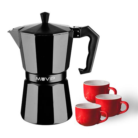 Cafetière en aluminium Muvip MV0606 - Capacité 3 tasses - Poignée ergonomique - Antiadhésive - Compatible avec cuisinières électriques, vitrocéramiques et à gaz - Noir mat