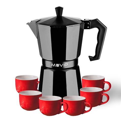 Cafetière en aluminium Muvip MV0607 - Capacité 6 tasses - Poignée ergonomique - Antiadhésive - Compatible avec cuisinières électriques, vitrocéramiques et à gaz - Noir mat