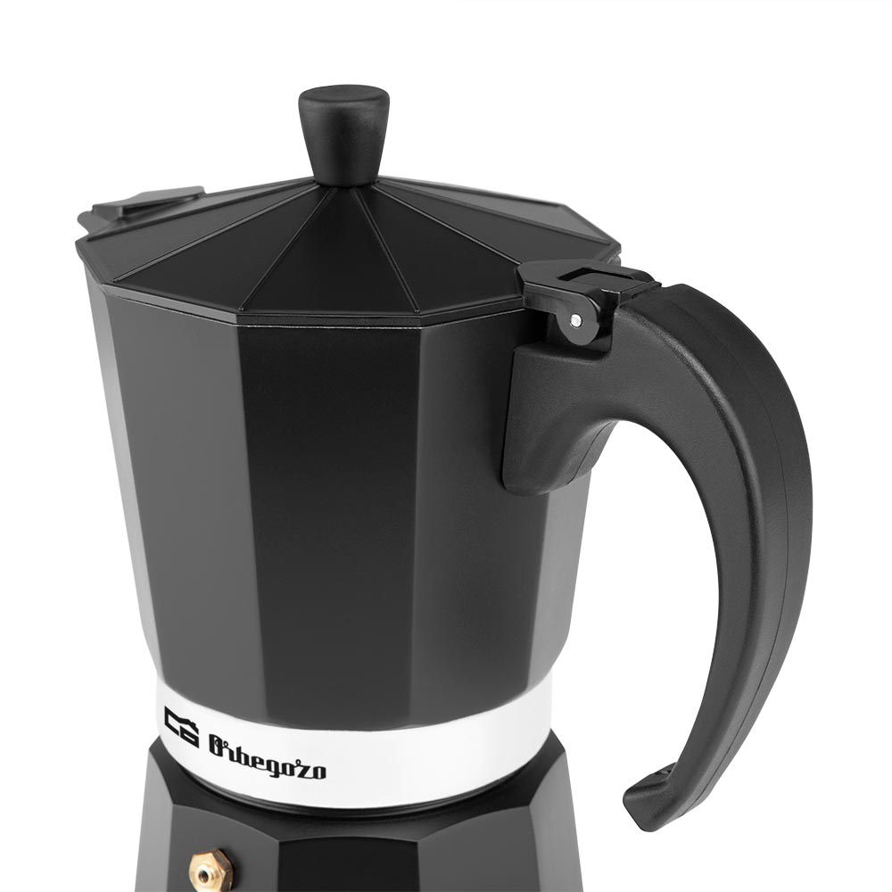 Cafetière Orbegozo KFN 910 en aluminium noir - Capacité 9 tasses - pour cuisinières à gaz, électriques et vitrocéramiques - Poignée ergonomique et soupape de sécurité