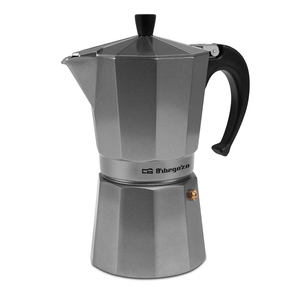 Cafetière Orbegozo KFS 920 en aluminium argenté - Capacité de 9 tasses - Convient aux cuisinières à gaz, électriques ou vitrocéramiques - Poignée ergonomique - Soupape de sécurité - Facile à nettoyer