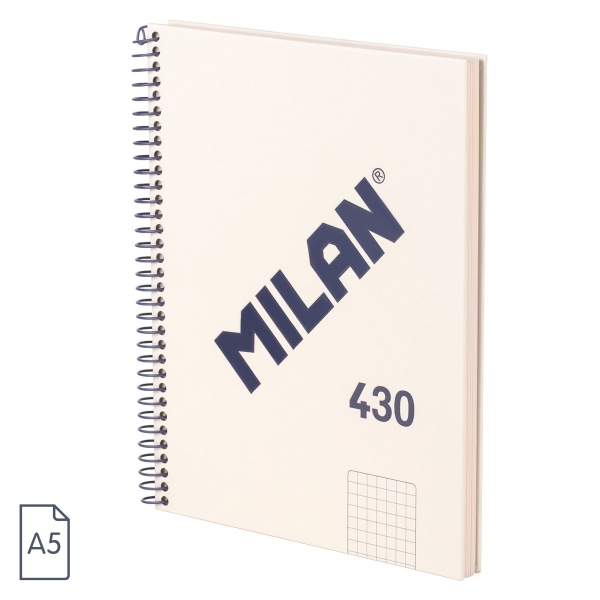 Cahier à Spirale Milan Serie 1918 Format A5 Grille 5x5mm - 80 Feuilles de 95 gr/m2 - Microperforé, 2 Trous - Coloris Beige