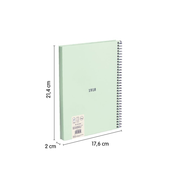 Cahier à Spirale Milan Serie 1918 Format A5 Grille 5x5mm - 80 Feuilles de 95 gr/m2 - Microperforé, 2 Trous - Coloris Vert