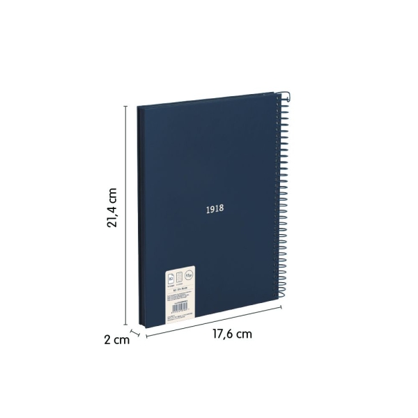 Cahier à Spirale Série Milan 1918 Format A5 Grille 5x5mm - 80 Feuilles de 95 gr/m2 - Microperforé, 2 Trous - Coloris Bleu