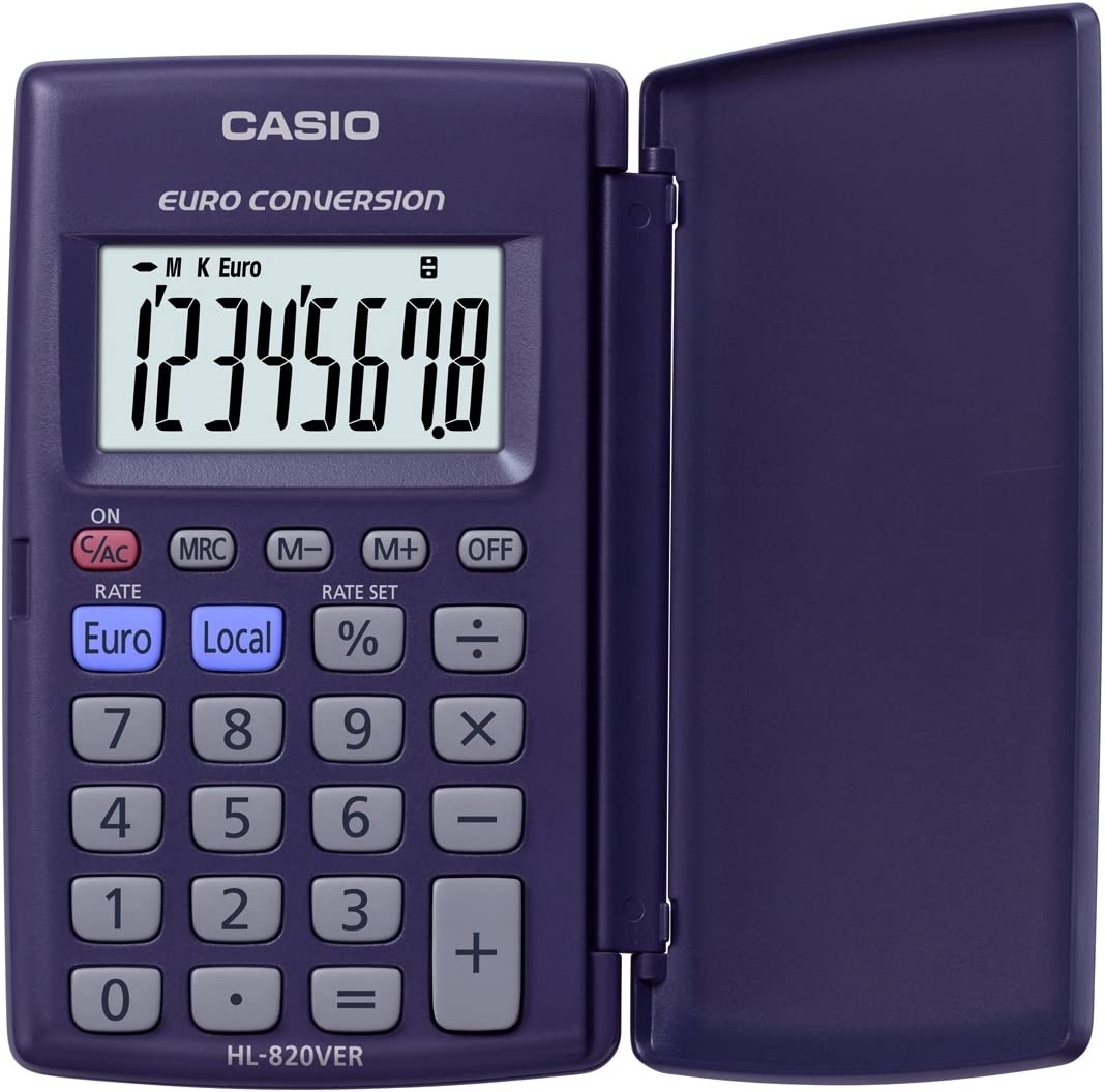 Calculatrice Casio HL820VER avec couvercle - Fonction convertisseur euro - Affichage LCD 8 chiffres - Couleur bleue