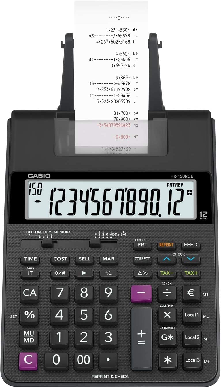 Calculatrice d'imprimante de bureau Casio HR150RCE - Affichage à 12 chiffres - Largeur de papier de 58 mm - Imprime l'heure et la date - Alimentée par batterie