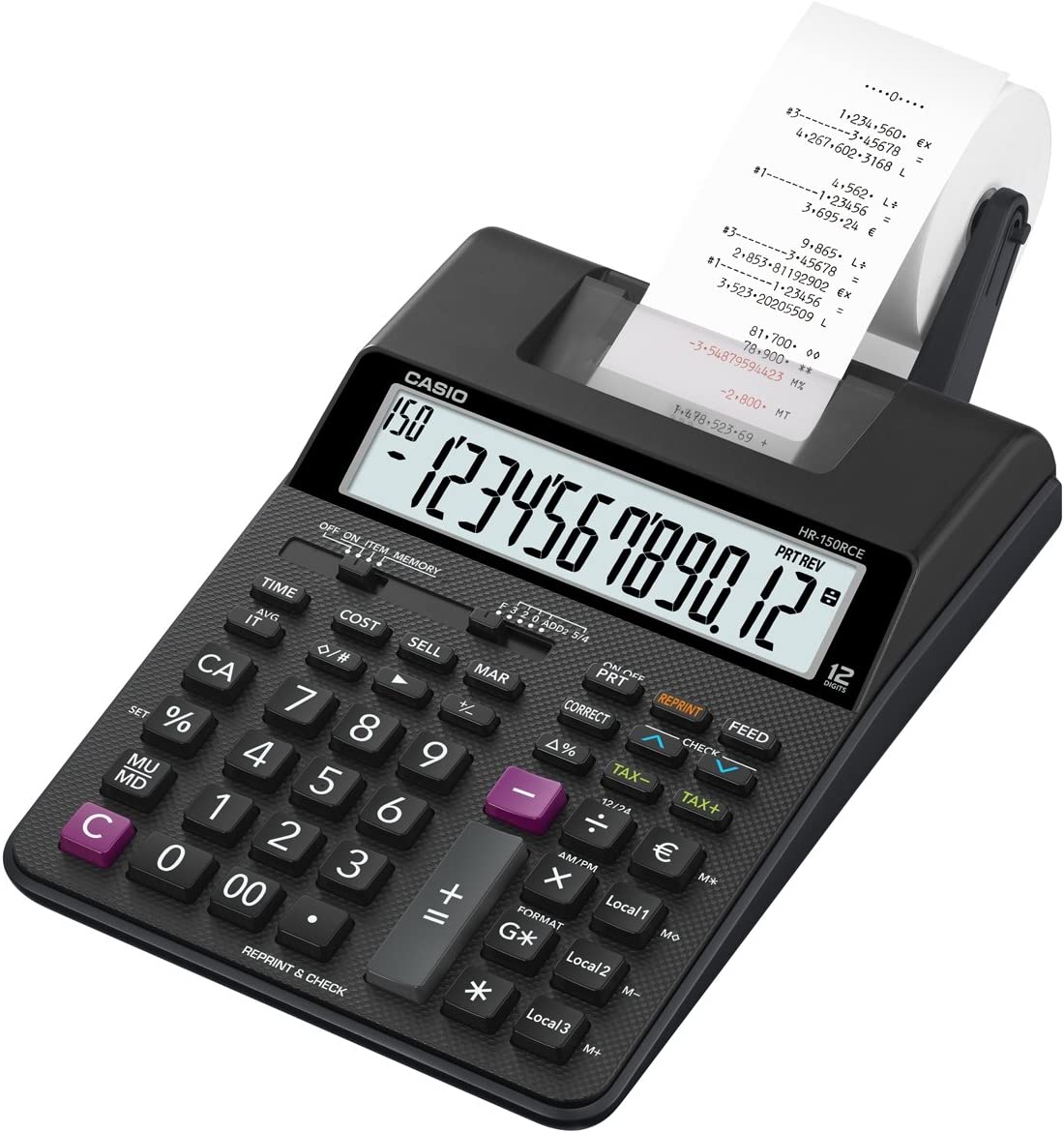 Calculatrice d'imprimante de bureau Casio HR150RCE - Affichage à 12 chiffres - Largeur de papier de 58 mm - Imprime l'heure et la date - Alimentée par batterie