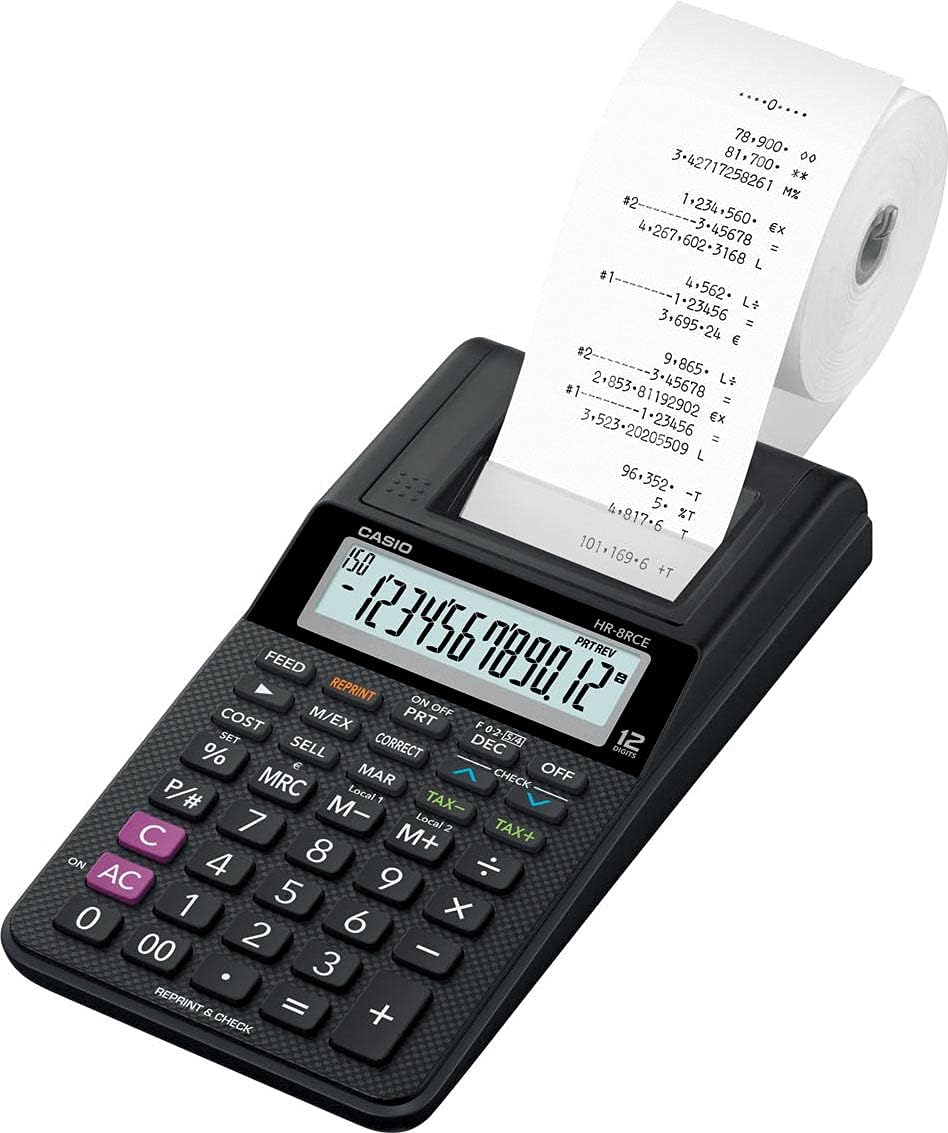 Calculatrice d'imprimante de bureau compacte Casio HR-8RCE - Écran à 12 chiffres - Impression 2 lignes par seconde - Couleur noire
