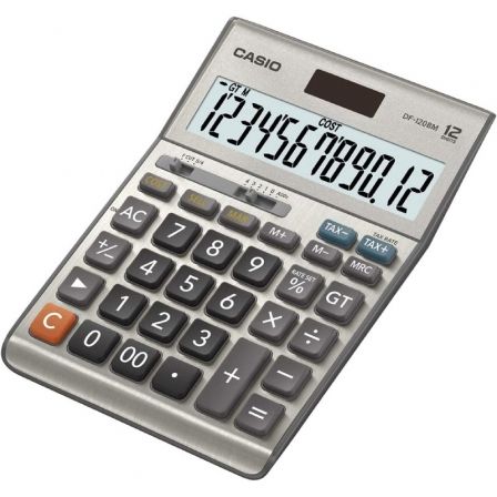 Calculatrice de bureau Casio DF-120BM - Affichage 12 chiffres - Plaque avant en métal - Alimenté par énergie solaire et batterie - Couleur grise