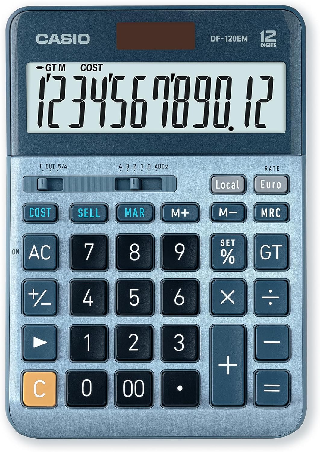 Calculatrice de bureau Casio DF-120EM - Écran extra large à 12 chiffres - Alimenté par énergie solaire et batterie - Couleur bleue