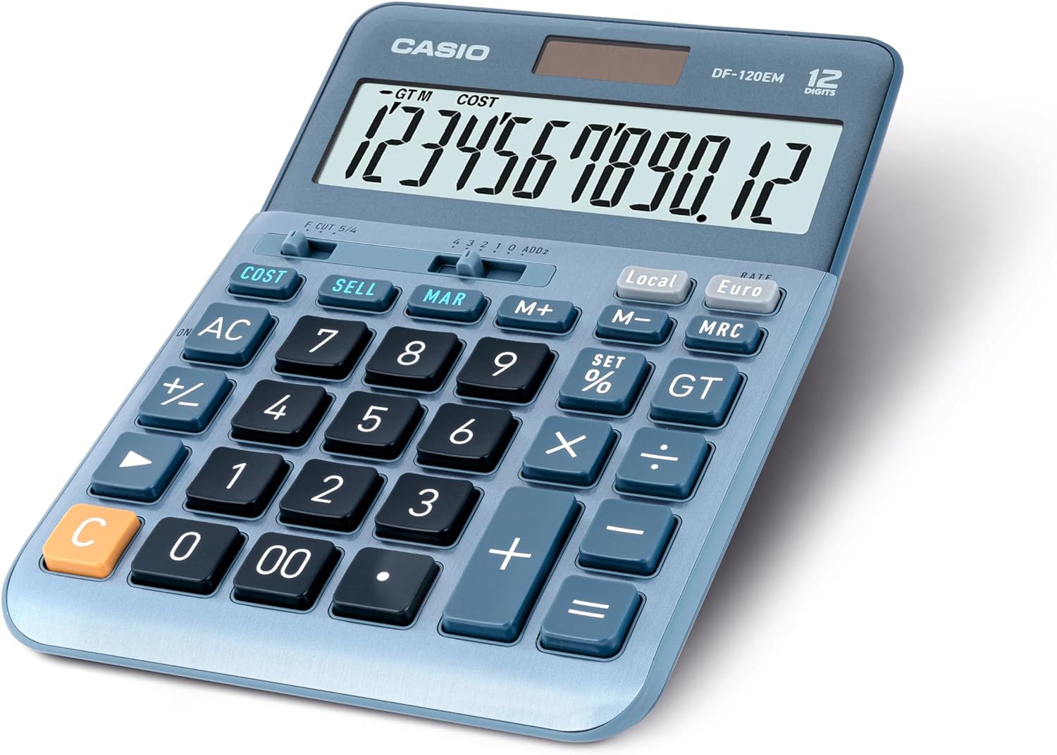 Calculatrice de bureau Casio DF-120EM - Écran extra large à 12 chiffres - Alimenté par énergie solaire et batterie - Couleur bleue