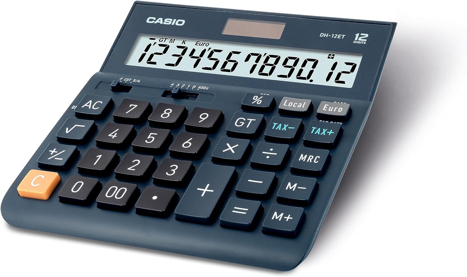 Calculatrice de bureau Casio DH-12ET - Écran extra large à 12 chiffres - Alimenté par énergie solaire et batterie - Couleur bleu foncé