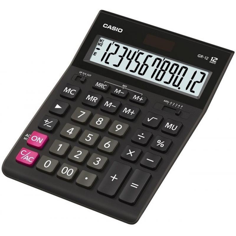 Calculatrice de bureau Casio GR-12C - Écran LCD à 12 chiffres - Alimenté par l'énergie solaire et par batterie - Couleur noire
