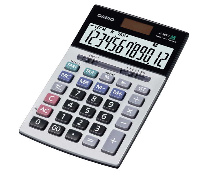 Calculatrice de bureau Casio JS-20TV - Calcul des taxes - Affichage à 12 chiffres - Plaque avant en métal - Alimentation par batterie et solaire