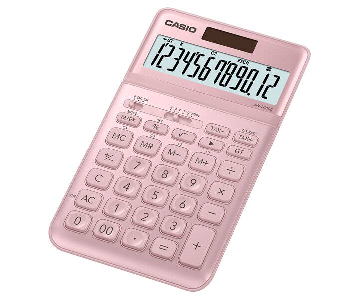 Calculatrice de bureau Casio JW-200SC - Écran LCD à 12 chiffres inclinable réglable - Alimenté par l'énergie solaire et par batterie - Couleur rose