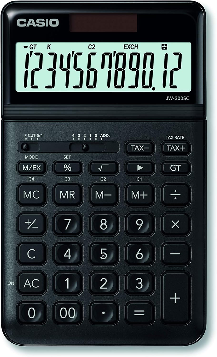 Calculatrice de bureau Casio JW-200SC - Écran LCD à 12 chiffres inclinable réglable - Alimenté par l'énergie solaire et par batterie - Couleur noire