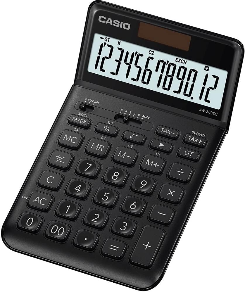 Calculatrice de bureau Casio JW-200SC - Écran LCD à 12 chiffres inclinable réglable - Alimenté par l'énergie solaire et par batterie - Couleur noire