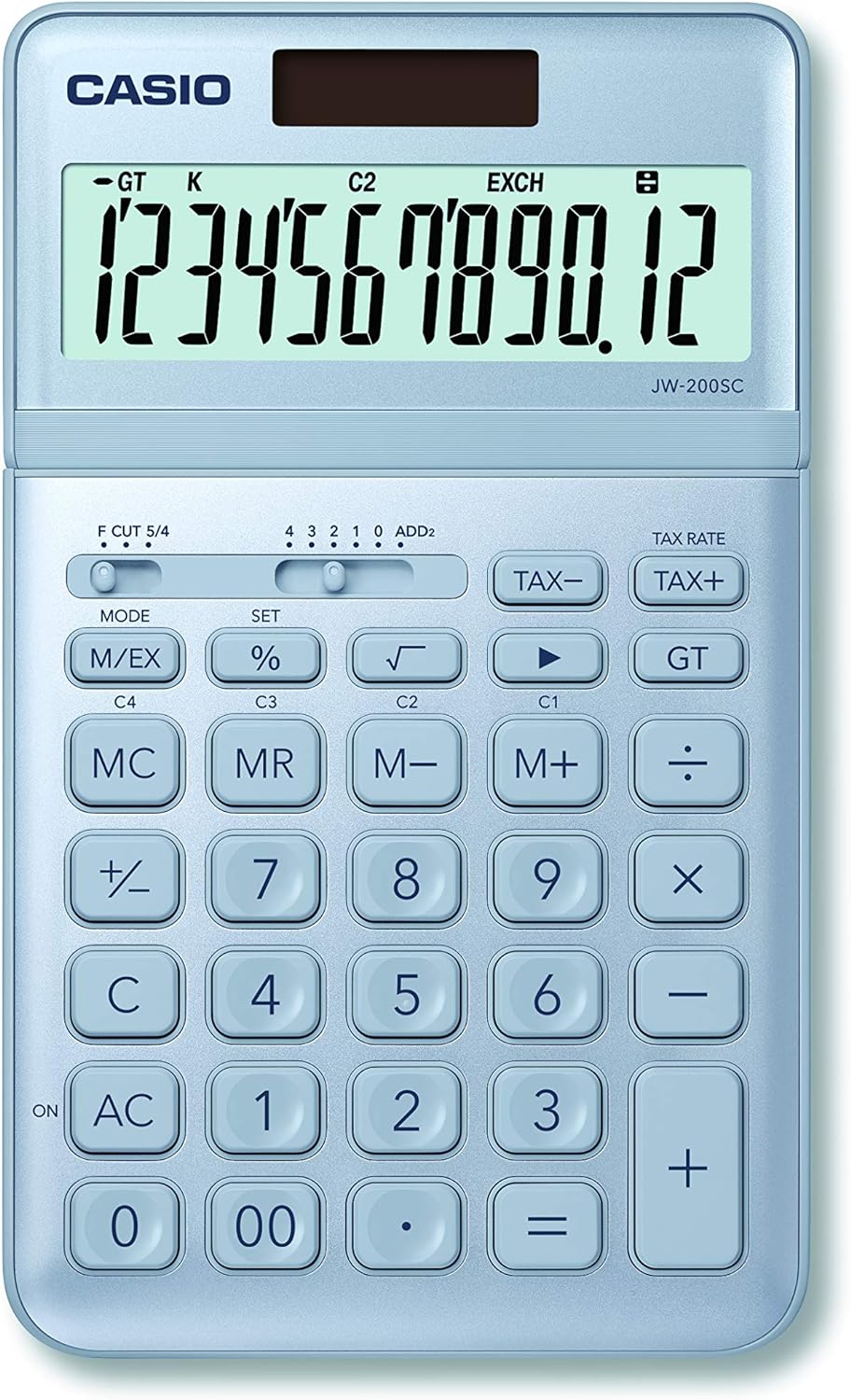 Calculatrice de bureau Casio JW-200SC - Écran LCD à 12 chiffres inclinable réglable - Alimenté par l'énergie solaire et par batterie - Couleur bleu clair