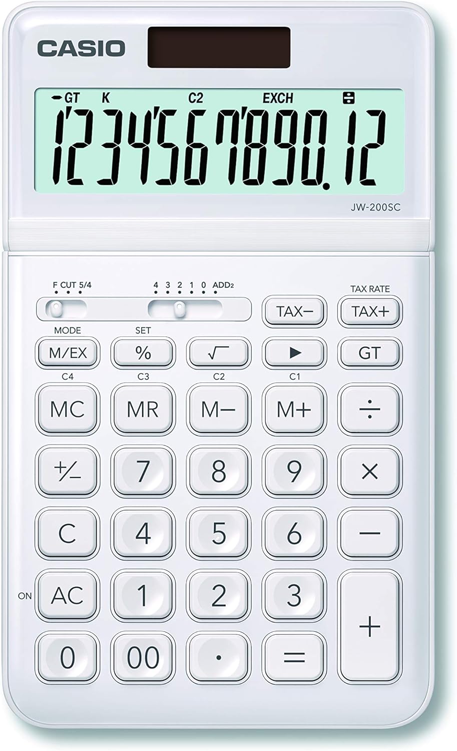 Calculatrice de bureau Casio JW-200SC - Écran LCD à 12 chiffres inclinable réglable - Alimenté par l'énergie solaire et par batterie - Couleur blanche