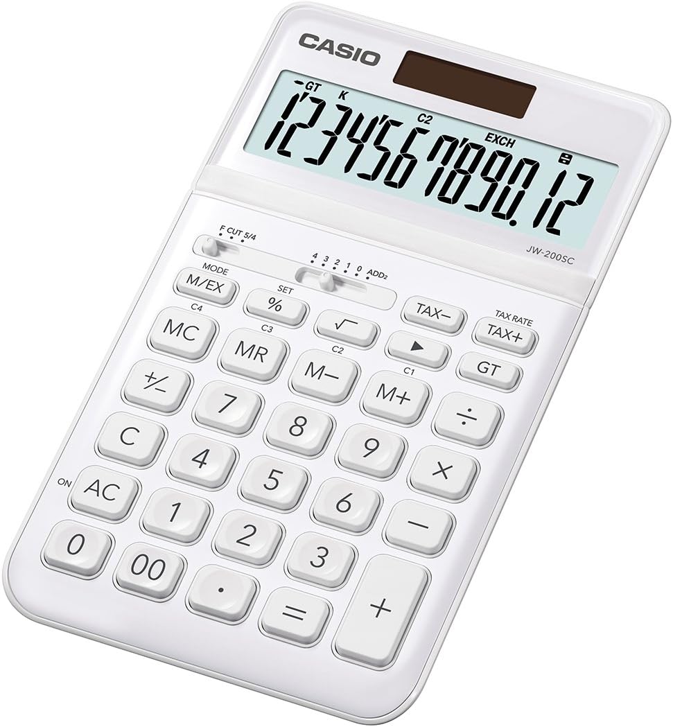 Calculatrice de bureau Casio JW-200SC - Écran LCD à 12 chiffres inclinable réglable - Alimenté par l'énergie solaire et par batterie - Couleur blanche