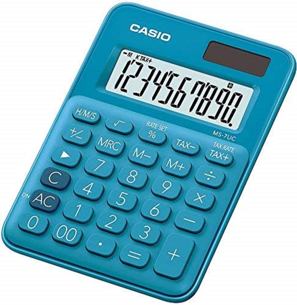 Calculatrice de bureau Casio MS-7UC - Double touche zéro - Écran LCD à 10 chiffres - Solaire et piles - Couleur bleue