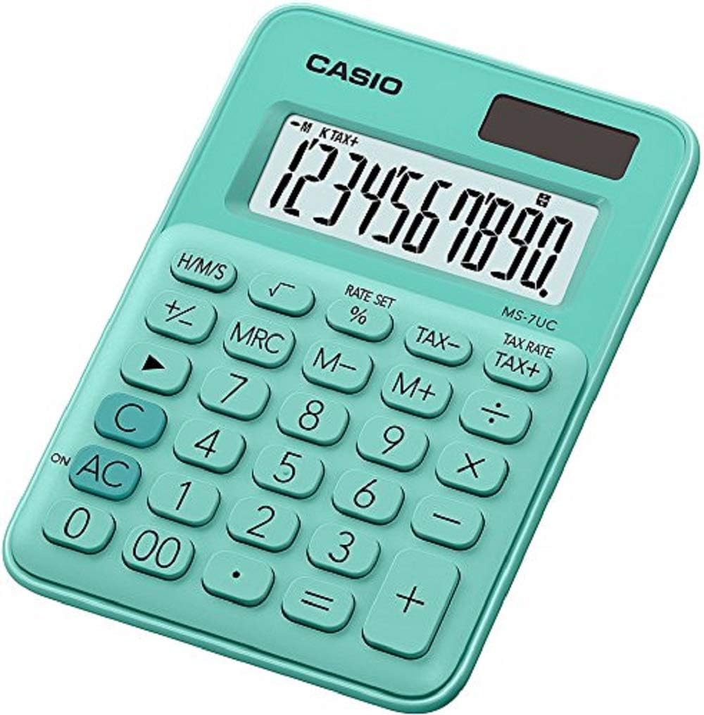 Calculatrice de bureau Casio MS-7UC - Double touche zéro - Écran LCD à 10 chiffres - Solaire et batterie - Couleur verte
