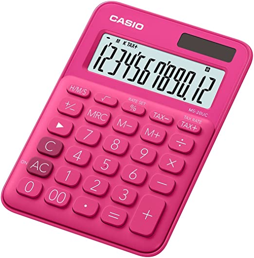 Calculatrice de bureau Casio MS7UC - Touche double zéro - Écran LCD 10 chiffres - Solaire et piles - Couleur rouge