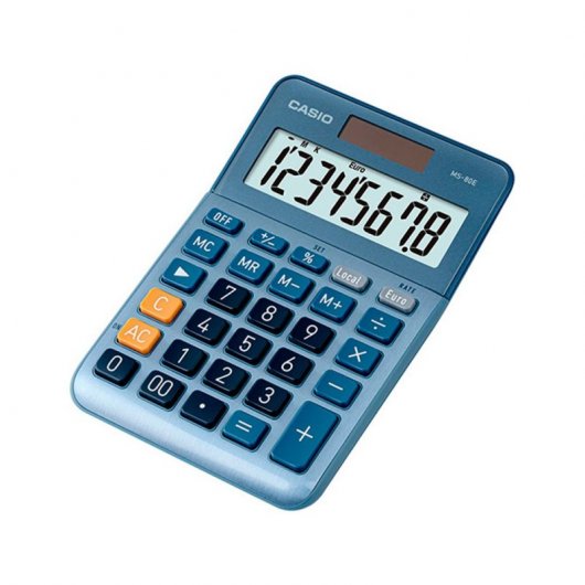 Calculatrice de bureau Casio MS80E - Touche double zéro - Affichage LCD à 8 chiffres - Solaire et piles - Couleur bleue