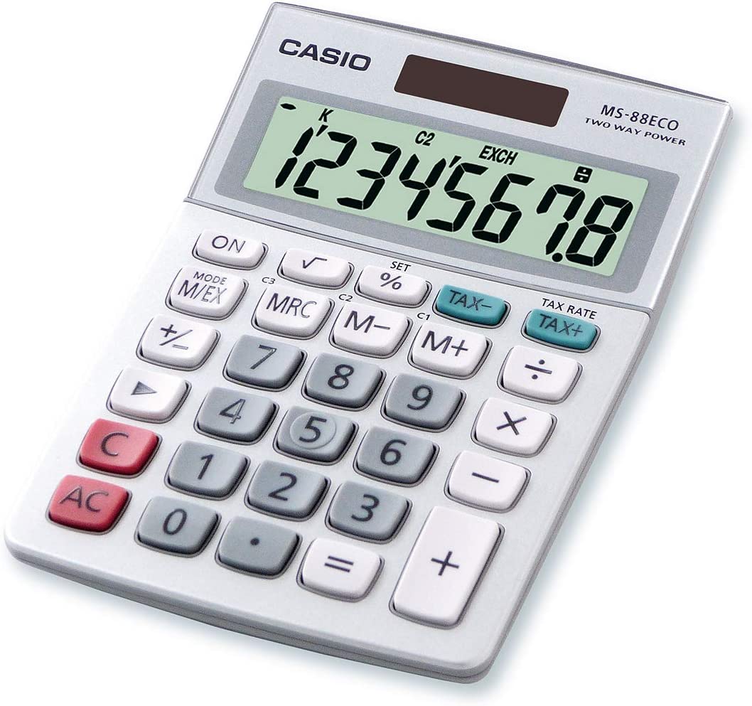 Calculatrice de bureau financière Casio MS88ECO - Conversion de devises - Calcul des taxes - Écran LCD à 8 chiffres - Solaire et piles