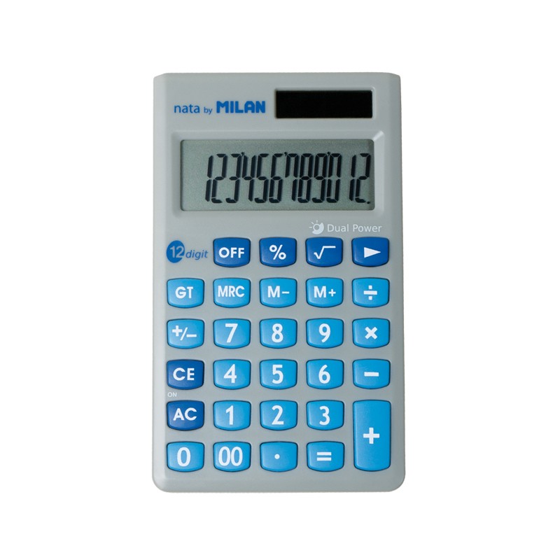 Calculatrice de bureau Milan 12 chiffres - 3 touches de mémoire et racine carrée - Arrêt automatique - Étui de protection - Couleur grise et bleue
