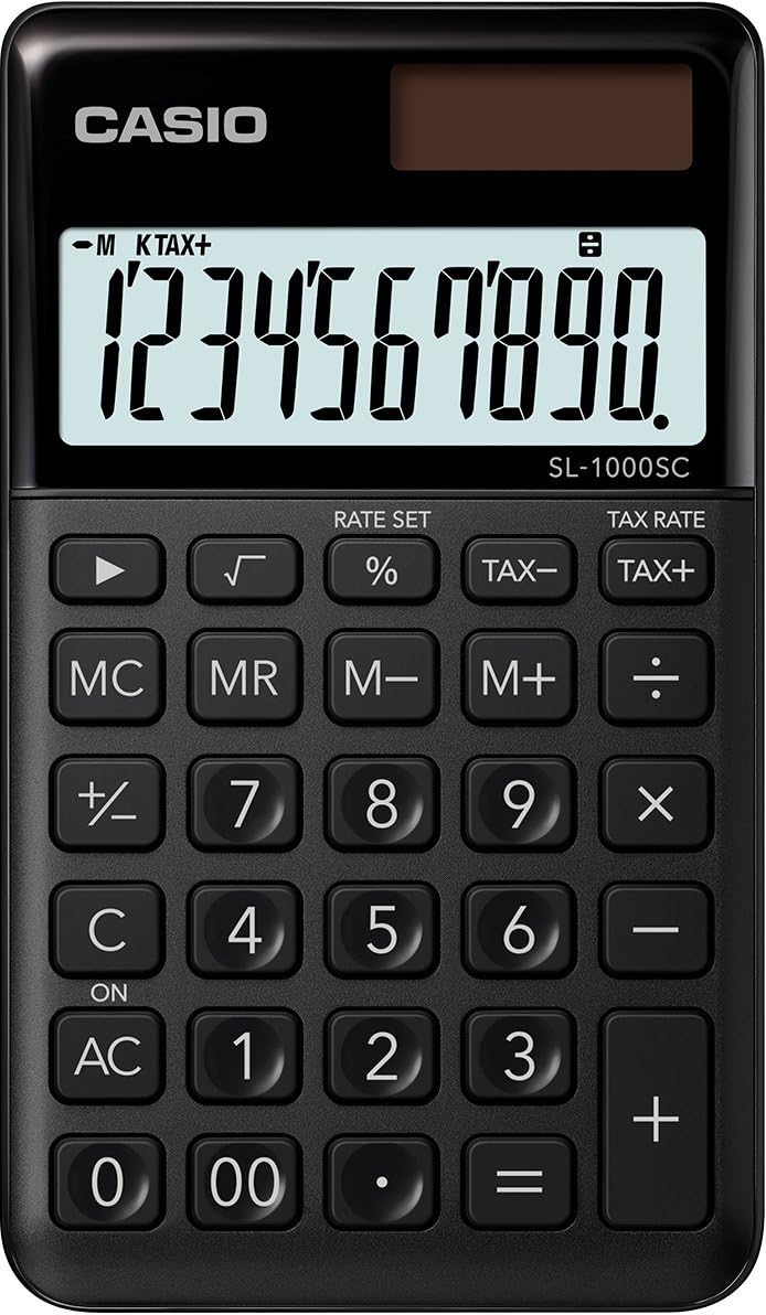 Calculatrice de poche Casio SL-1000SC - Écran extra large à 10 chiffres - Alimenté par énergie solaire et batterie - Couleur noire